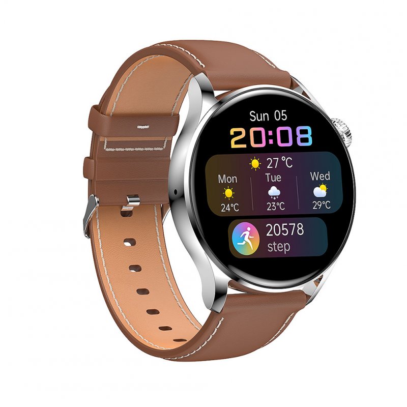 W3  Smart  Watch 1.28inch Full Touch Sport Fitness Watch Ip68 Waterproof Bluetooth-compatible Answer Call Smartwatch Silver plate brown leather