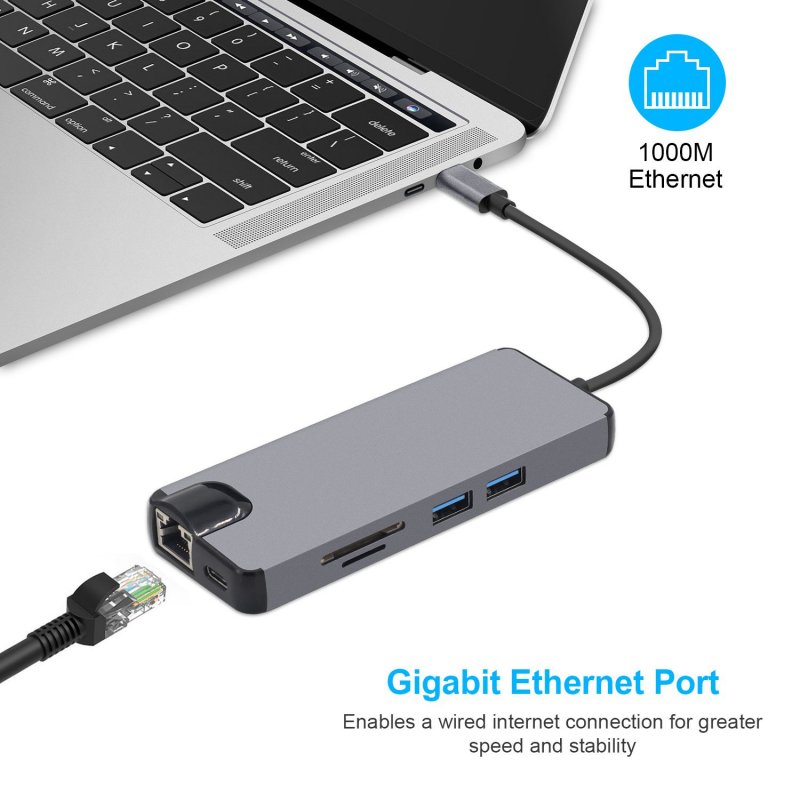 8 USB Port C HDMI VGA LAN Ethernet RJ45 Adapter for Mac Book Pro Type C Hub Card Reader 2 USB 3.0 Type-A + Type-C Charging Port 