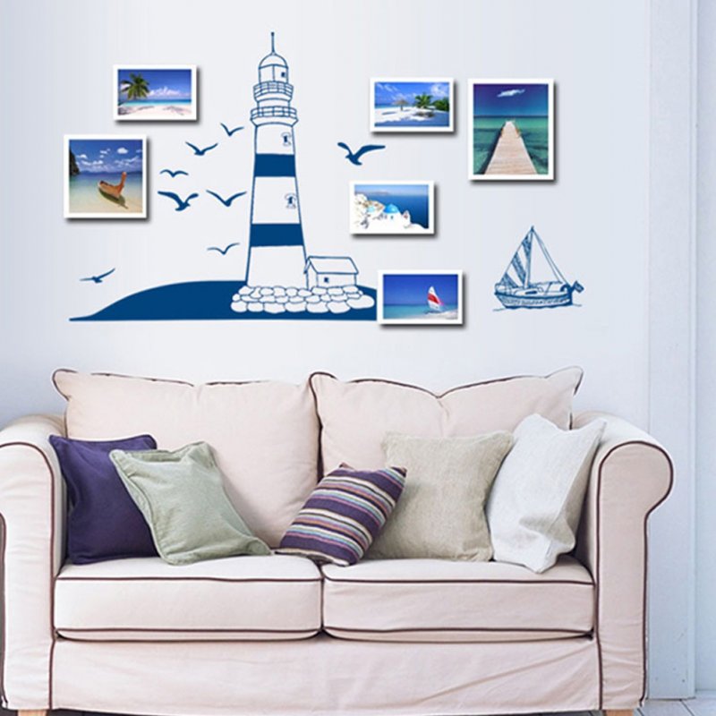 Wall Sticker with Blue Sailboat Seagull Pattern for Photo Frame Wall Background Decoration 50CMX22.5CM