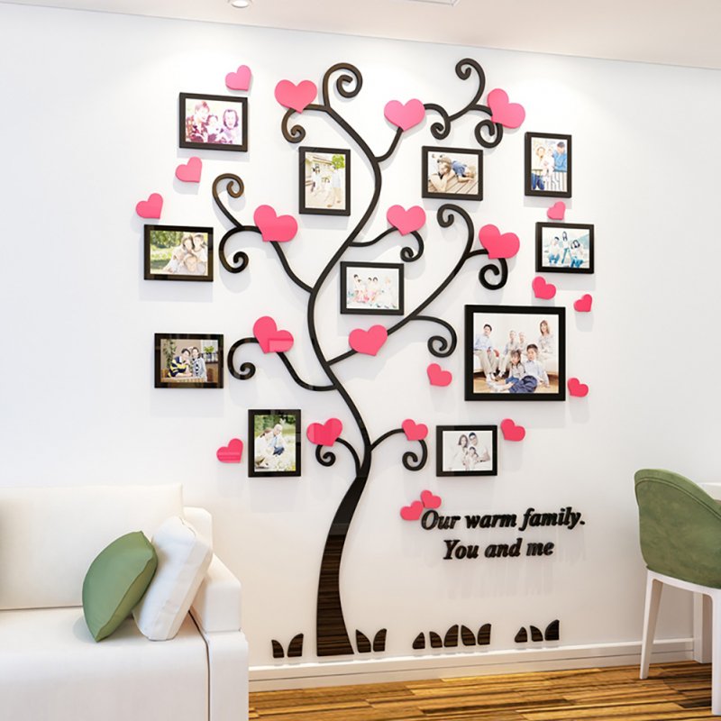 Wall Stickers Crystal Photo Frame Tree 3d Acrylic Living Room Bedroom Background Wall Decoration Black + pink_Medium 129*160cm