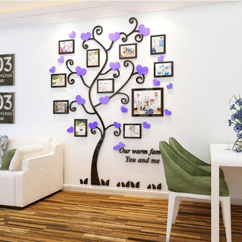 Wall Stickers Crystal Photo Frame Tree 3d Acrylic Living Room Bedroom Background Wall Decoration Black+purple_Medium 129*160cm