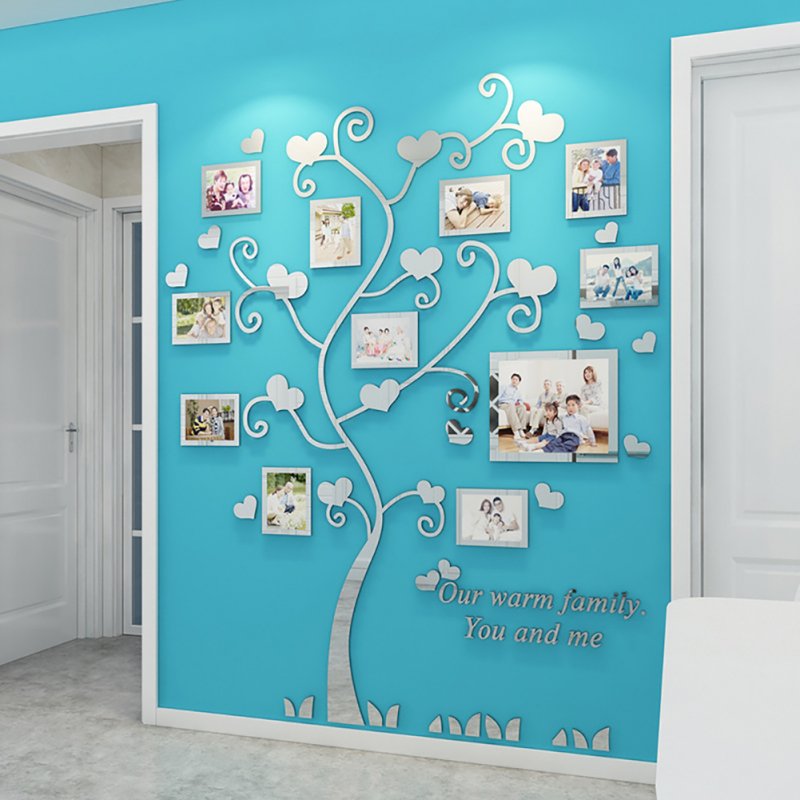 Wall Stickers Crystal Photo Frame Tree 3d Acrylic Living Room Bedroom Background Wall Decoration Silver_Medium 129*160cm