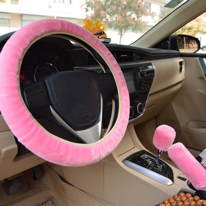Warm Fur Automotive Steering Wheel Cover Universal Steering-wheel Plush Car Steering Wheel Covers Pink_Steering wheel cover + hand brake cover + gear cover