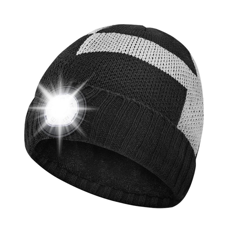 Warm Knitted Hat With Led Lamp Fashion Contrast Color Beanie Hat Rechargeable Led Light For Outdoor Hiking Camping black gray
