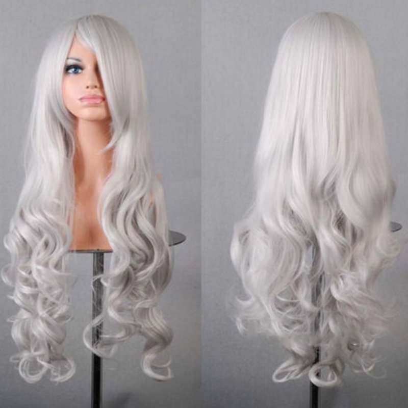 Wavy Hair Cosplay Long Wigs for Women Ladies Heat Resistant Synthetic Wig silver white