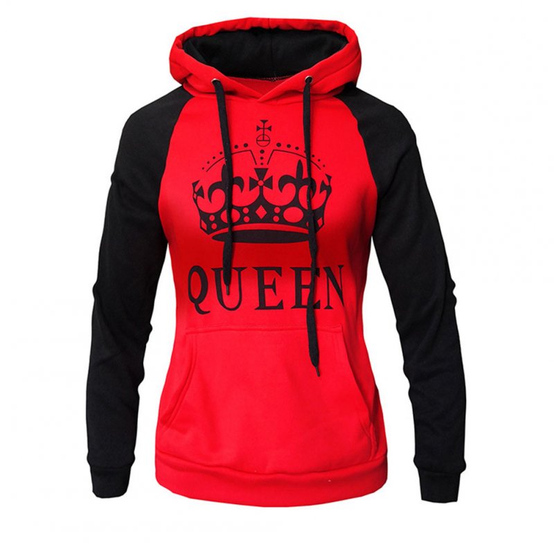 Wen and Women Couple Hooded Black and White Loose Pullover Shirt red-QUEEN_L