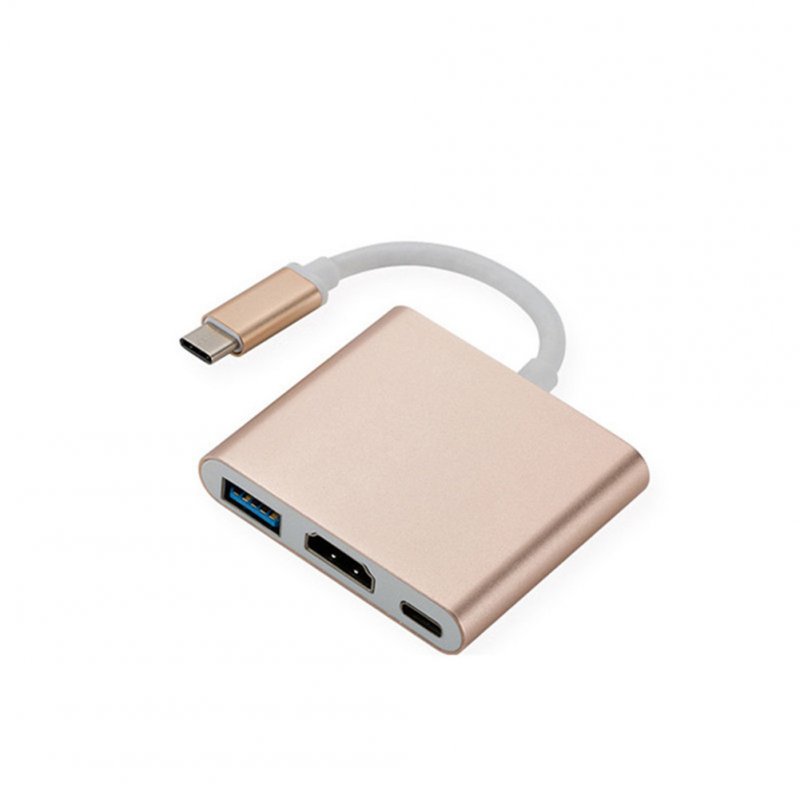 White USB 3.1 Type-C Data Cable to HDMI+USB HUB+ Type C Charging Laptop Adapter Gold