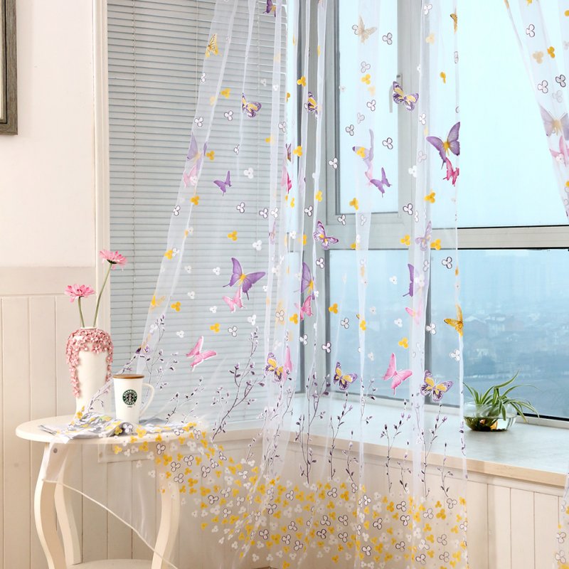 Window Curtain Branch Butterfly Offset Screen for Living Room Home Shading Decoration W100cm * H270cm (wearing rod)_rose Red