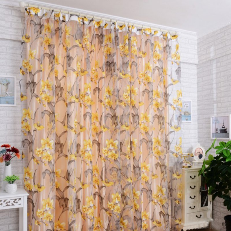 Window Curtain Tulle with Yellow Floral Printing for Bedroom Living Room Balcony  1.4m wide * 2.4m high_Yellow interlining