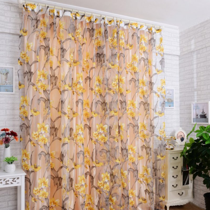Window Curtain Tulle with Yellow Floral Printing for Bedroom Living Room Balcony  1m wide * 2m high_Yellow interlining