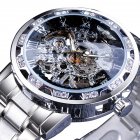 Winner Man Waterproof Mechanical Watch Roman Numeral Rhinestone Skeleton Dial Steel Wristwatch Black silver