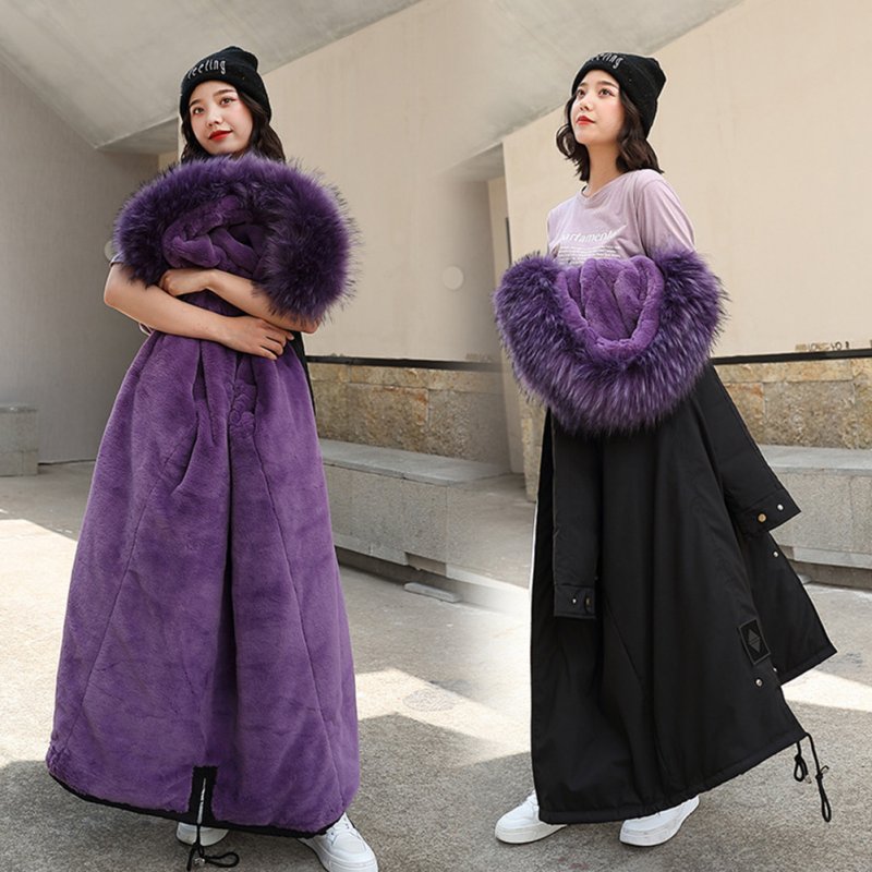 Winter Jacket Loose Waist Leisure Hooded Lining Lamb Wool Cotton Suit Woman Female Coats Black + purple_XL