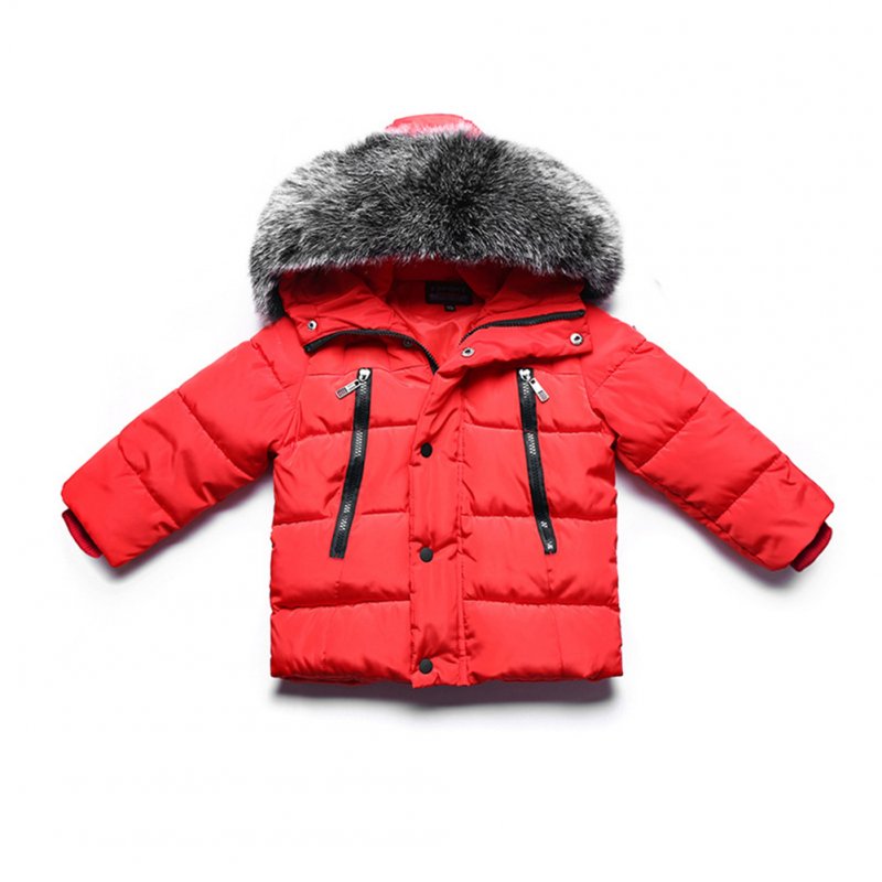Winter Kid Thicken Cotton Hoodie Coat Furry Collar Zipper Boy Girl Overcoat red_100cm