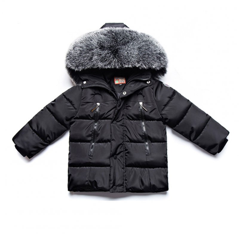 Winter Kid Thicken Cotton Hoodie Coat Furry Collar Zipper Boy Girl Overcoat black_100cm