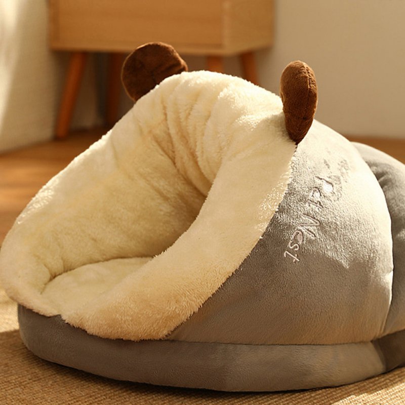 Winter Warm Plush Cozy Nest Slippers Shape Thickened Sleeping Cushion Mat For Small Medium Cats Dogs gray brown bear M [50 x 35 x 30cm]
