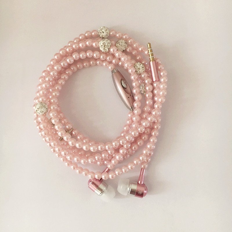 Wire-controlled In-ear Headphones With Mic Pearl Necklace Rhinestone Earphones Compatible For Samsung Xiaomi Phones pink