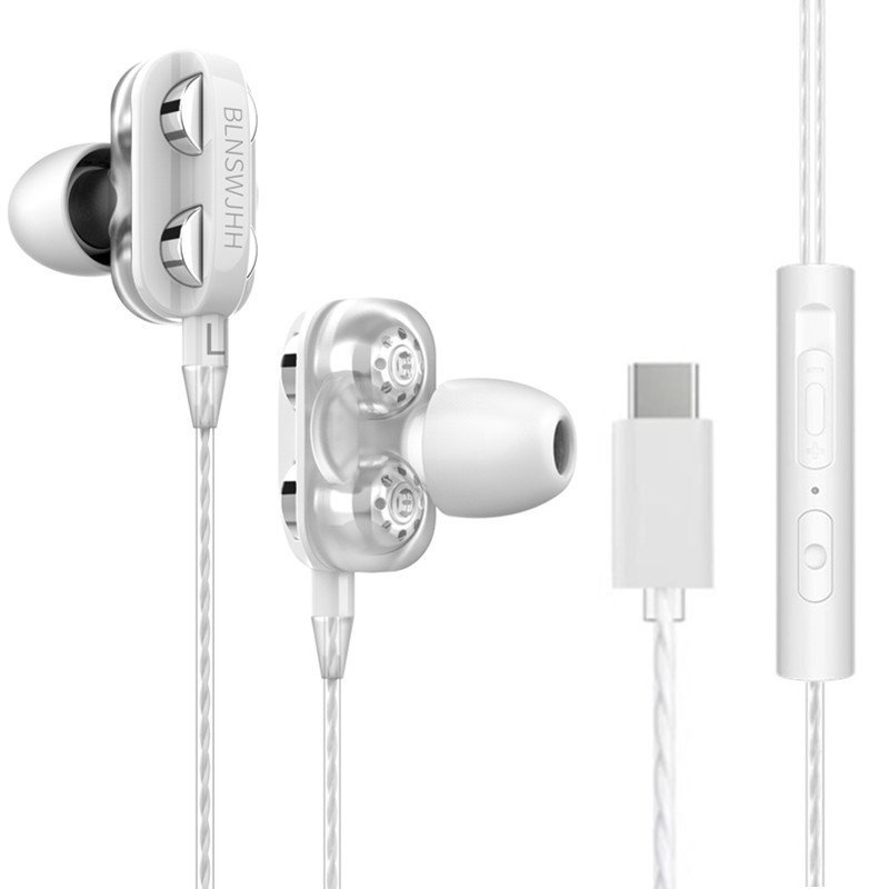 Wired Control Earphones Quad-core Dual-moving Coil With Type-c Interface Headset In-ear Earplug White