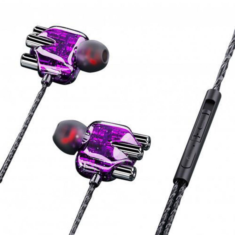 Wired Headphones Transparent In-ear Double Moving Coil Dual Speaker Noise Reduction Wire-controlled Tuning Headset [multi-core] - neon purple