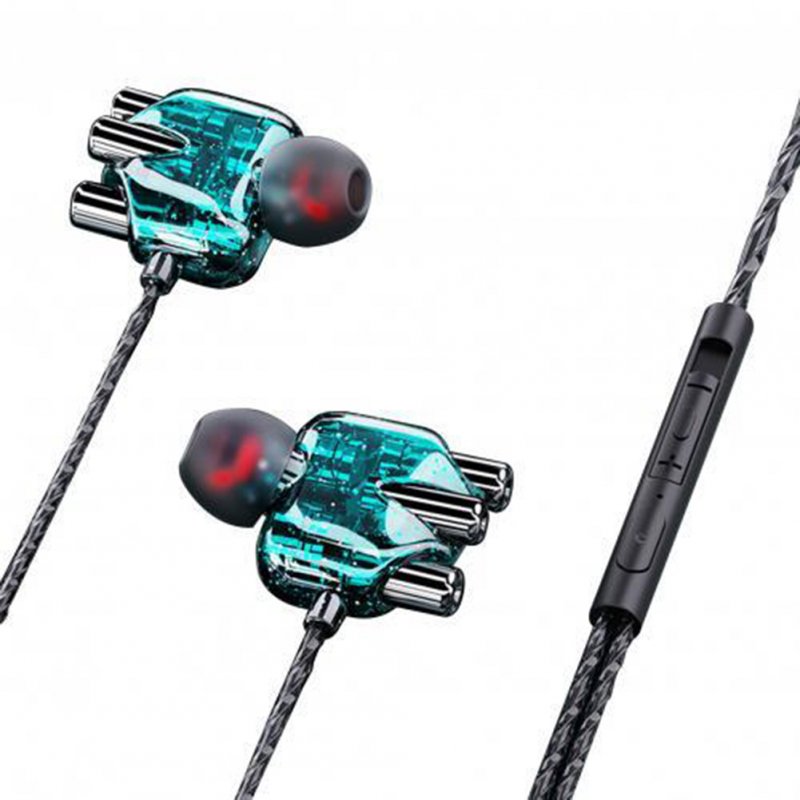 Wired Headphones Transparent In-ear Double Moving Coil Dual Speaker Noise Reduction Wire-controlled Tuning Headset [multi-core] - emerald green