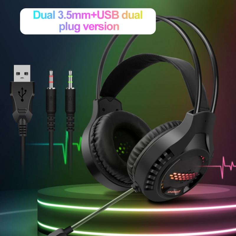 Wired  Headset, Head-mounted Ak3 Luminous Desktop Computer Stereo Gaming Headphones, With Noise Reduction 360° Sensitive Microphone Black 3.5MM double plug