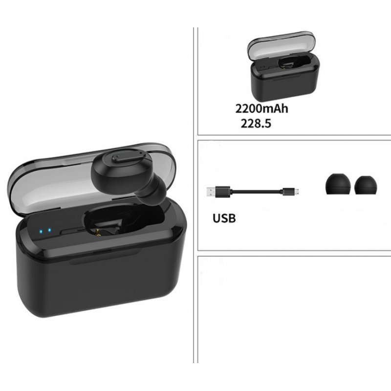 Wireless Bluetooth Stereo Earphone In-Ear Invisible Portable Headsets  2200 mAh charging bin + black headphones