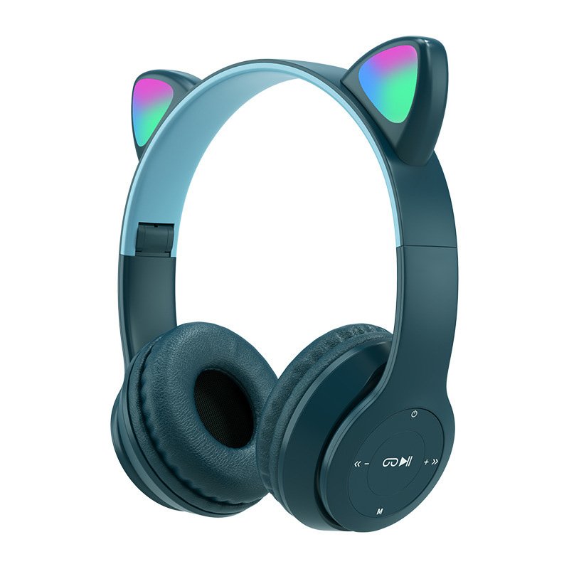 Wireless Headphones Cat Ear With Mic Bluetooth Cool Glow Light Stereo Bass Helmets Kids Gamer Girl Gifts Navy blue