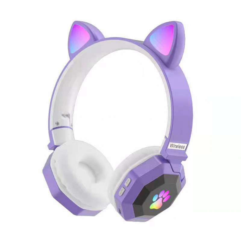 Wireless Headset Cute Cat Ear Bluetooth-compatible 5.0 Rgb Luminous Headphone Music Sports Gaming Earphone Children Gift Light Purple