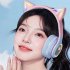 Wireless Headset Noise Canceling Stereo HiFi Headphones Over Ear Lighting Cat Ears Earphones Ultra Long Playtime Headset blue