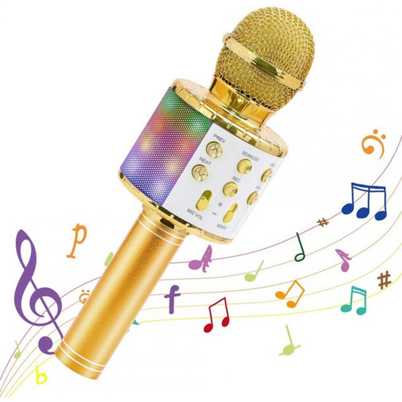 Wireless Microphone Karaoke Portable Bluetooth Speaker Home KTV Player with LED Dancing Lights Golden