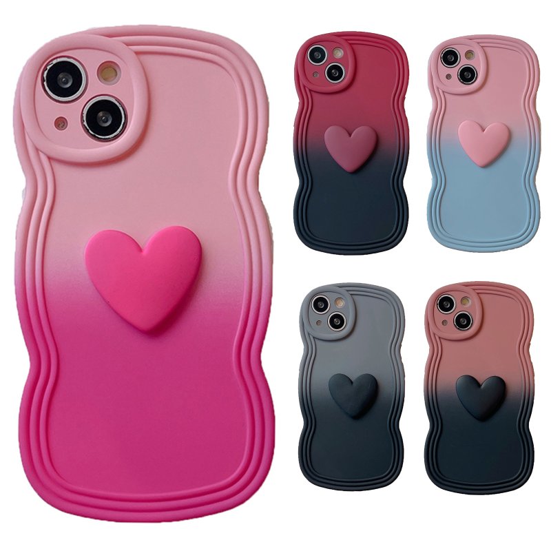 3D Love Heart Gradient Ramp Wave Edge Smart Phone Case Shockproof Protective Cover Compatible For IPhone 15 Pro Max 14 13 12 KD gradient pink blue 15Pro