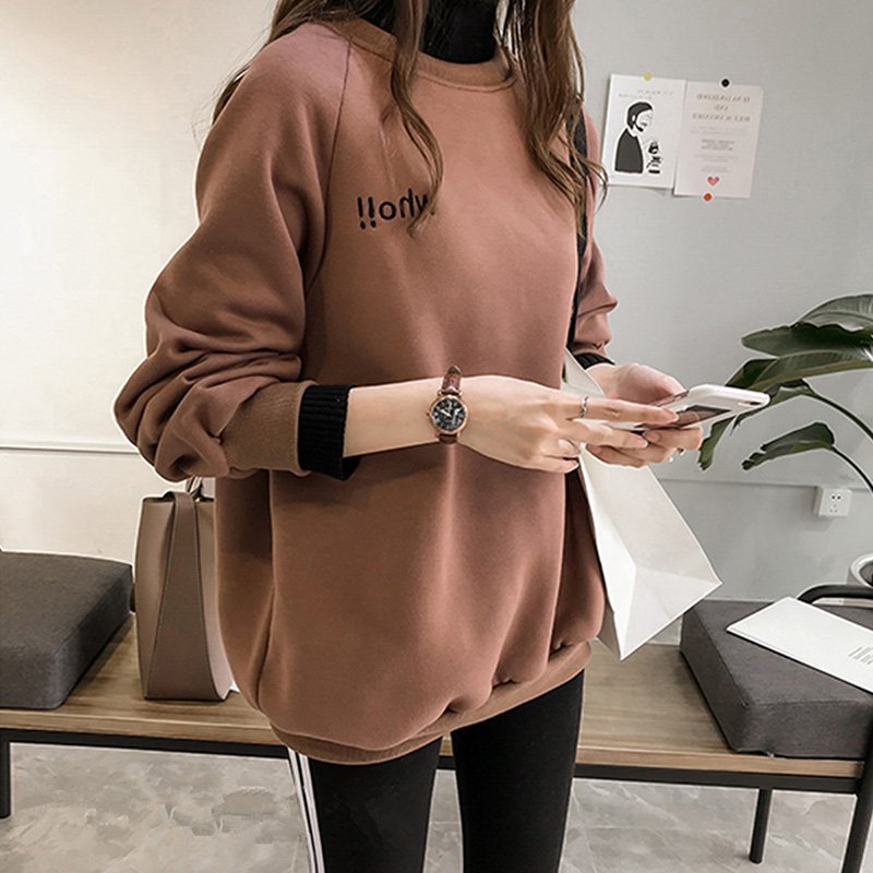 Woman Autumn Winter Thickened Sweatshirts Oversize Hoodie High Collar Long Sleeves Letters Embroidery False Two Pieces Tops Dark brown_XL