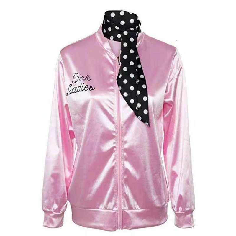 Woman Fashion Letters Printing Baseball Uniform Pink Ladies Satin Jacket with Polka Dot Scarf Pink_S