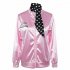 Woman Fashion Letters Printing Baseball Uniform Pink Ladies Satin Jacket with Polka Dot Scarf Pink L