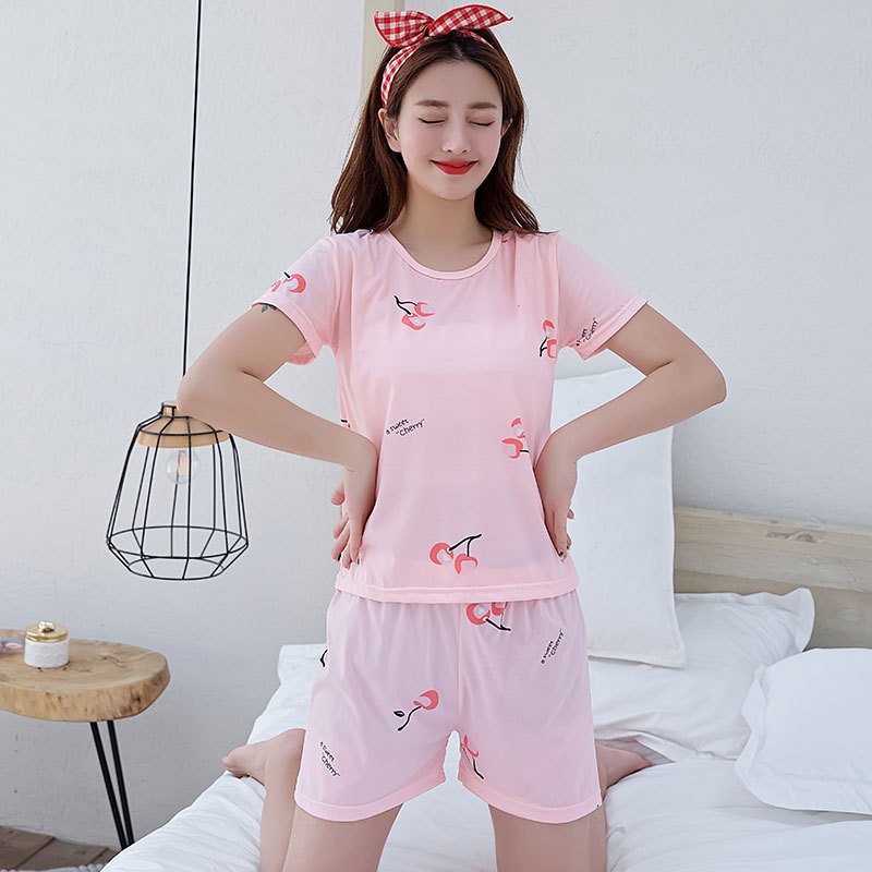 Woman Fashion Short Sleeves Cute Pattern Printing Homewear Suit #E Pink_XL