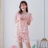 Woman Fashion Short Sleeves Cute Pattern Printing Homewear Suit  E Pink XL