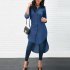 Woman Lapel Short Front Long Rear Jean Blouse Fashion Navy blue M