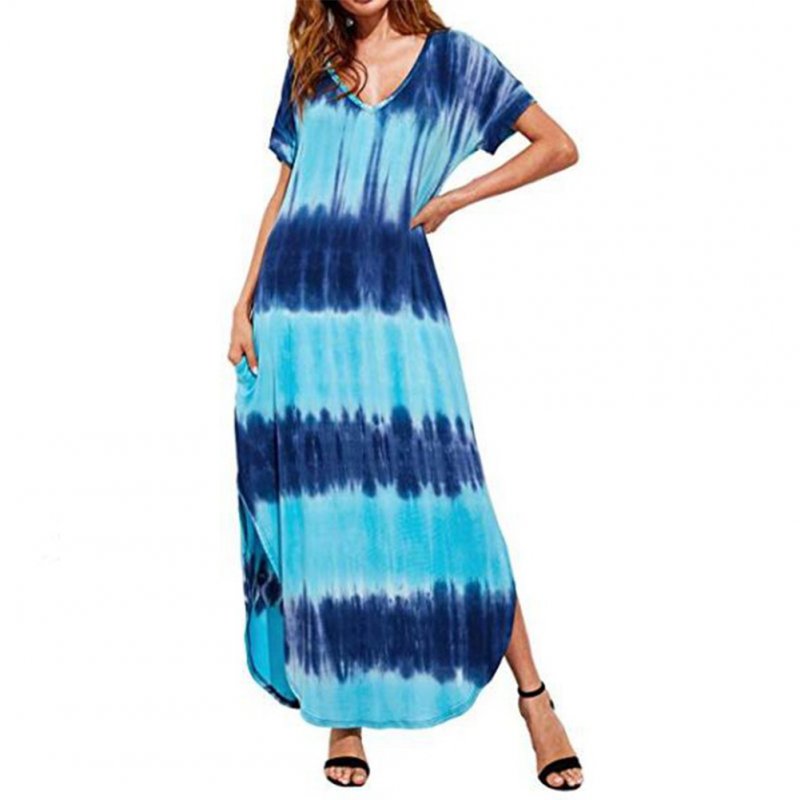 Woman Large Size Printing Tie-Dye Casual Short Sleeve Dress blue_4XL
