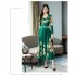 Woman Round Neck Leisure Dress Long Sleeves Dress with Floral Printed Party green M