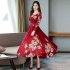 Woman Round Neck Leisure Dress Long Sleeves Dress with Floral Printed Party red M