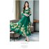 Woman Round Neck Leisure Dress Long Sleeves Dress with Floral Printed Party green M