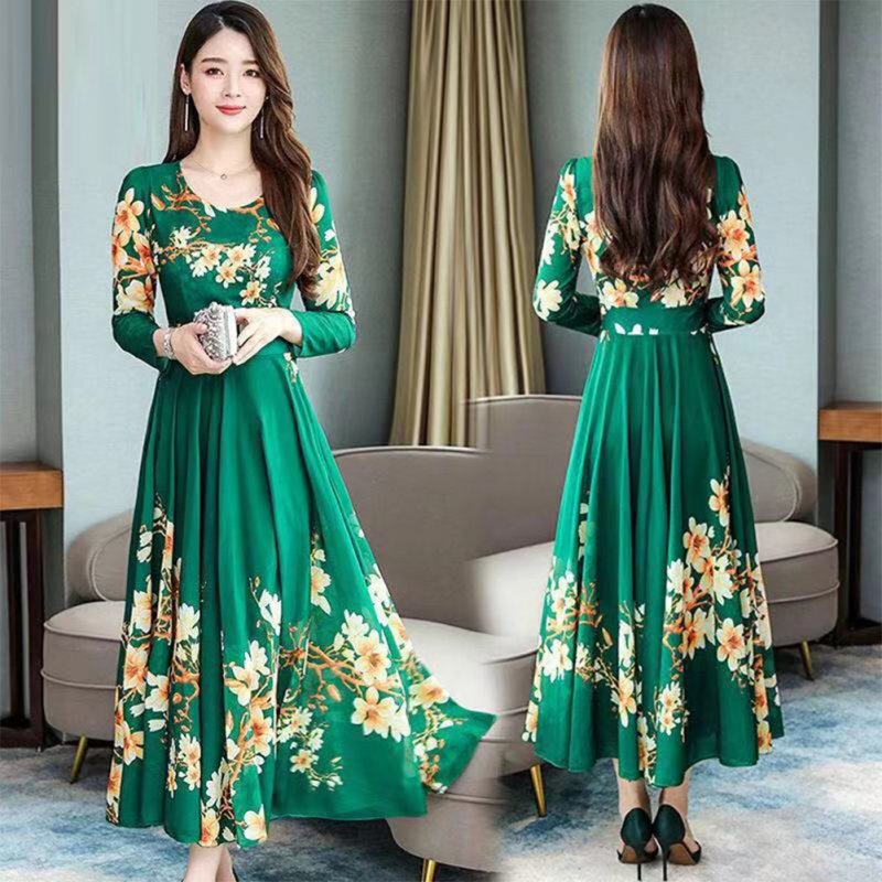 Woman Round Neck Leisure Dress Long Sleeves Dress with Floral Printed Party green_M