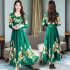 Woman Round Neck Leisure Dress Long Sleeves Dress with Floral Printed Party green 4XL