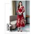 Woman Round Neck Leisure Dress Long Sleeves Dress with Floral Printed Party red 4XL