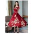 Woman Round Neck Leisure Dress Long Sleeves Dress with Floral Printed Party red XL
