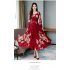 Woman Round Neck Leisure Dress Long Sleeves Dress with Floral Printed Party red S
