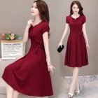 Woman Summer Loose Pure Color Short Sleeves Mid-length Dress Female Fashion Dress Wine red_M
