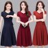 Woman Summer Loose Pure Color Short Sleeves Mid length Dress Female Fashion Dress Wine red M