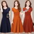 Woman Summer Loose Pure Color Short Sleeves Mid length Dress Female Fashion Dress Wine red M