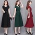Woman Summer Pure Color Short Sleeves Mid length Waisted Lace up Dress Wine red XL