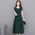 Woman Summer Pure Color Short Sleeves Mid length Waisted Lace up Dress Wine red XL